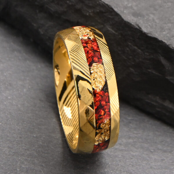 Unveil Artistry & Fire: Damascus Steel Ring with Red Opal