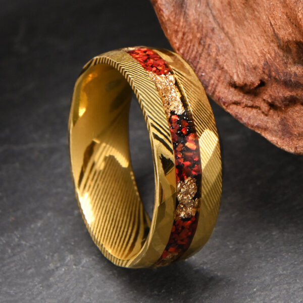 Unveil Artistry & Fire: Damascus Steel Ring with Red Opal - Image 3