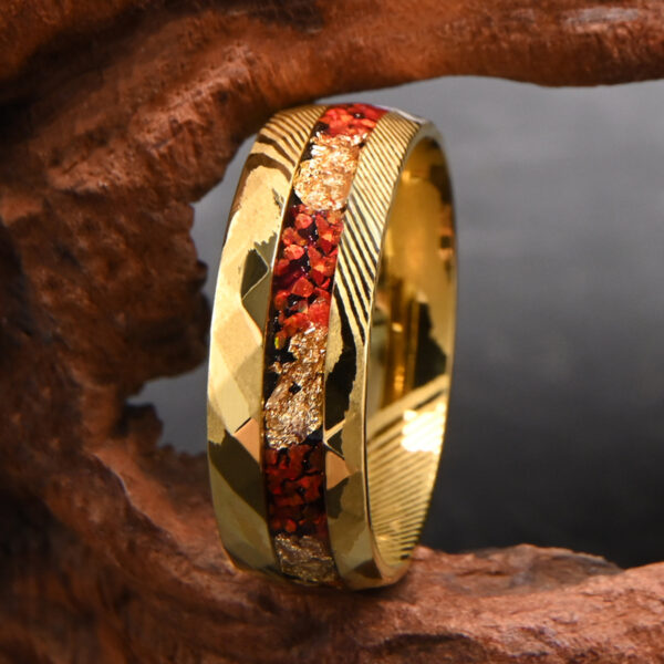 Unveil Artistry & Fire: Damascus Steel Ring with Red Opal - Image 2