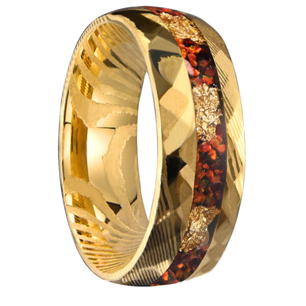Unveil Artistry & Fire: Damascus Steel Ring with Red Opal - Image 4